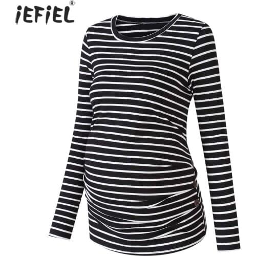 Maternity Tunic Tops Pregnancy Long Sleeve Plus Size Striped T-Shirts Vogue Side Ruched Button Tees Pregnant Women Casual Tops