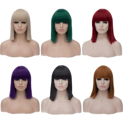 15inch 40cm Short Bob Green Blue Purple White Pink Black Red Beige Gray Silvery Hair With straight bangs Cosplay Wigs + Wig Cap