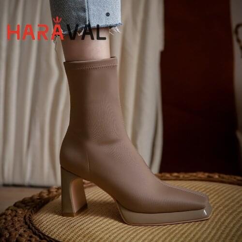 HARAVAL Women Ankle Boots Shoes HIgh Heels Black Brown Modern Boots Adult Sexy Fashion Elegant Square Toe Shoes Footwear E447L