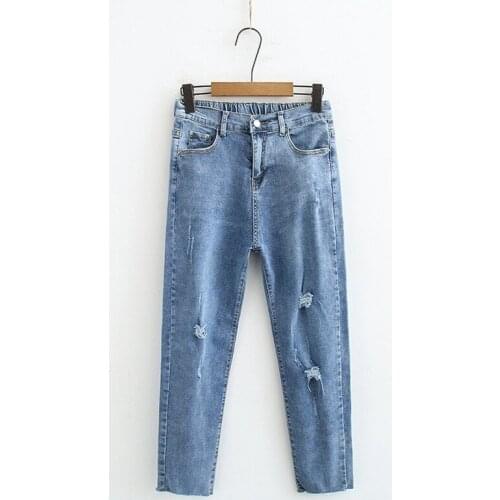 Plus Size Womens Stretchable Jeans Blue Elastic Waist Ankle Denim Trousers with Holes