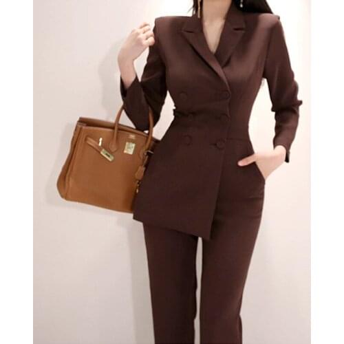 Women Irregular jumpsuit Double-breasted Blazer Jacket and Slim Pencil Pant 2 Pieces Set Female Wear to office Business jumpsuit