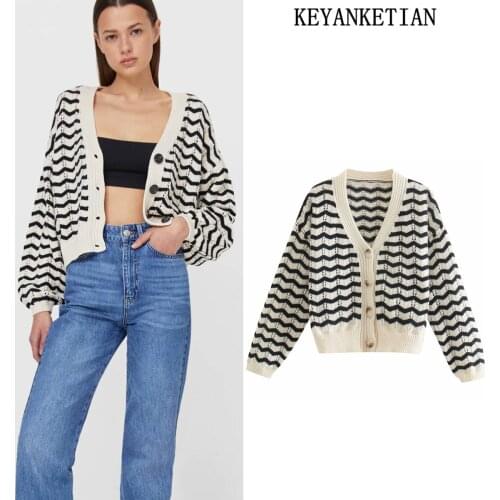 KEYANKETIAN ZA Ladies Wave Stripe Hollow Short Knit Cardigan Sweater Long Sleeve V-neck Knitted Top Jacket Fall Winter