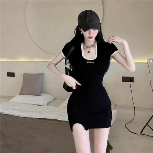 Wenfly Women Cotton O-Neck Short Sleeve Side Split Embroidered Letter Hip Skinny Dresses A-line Mini Casual Femme