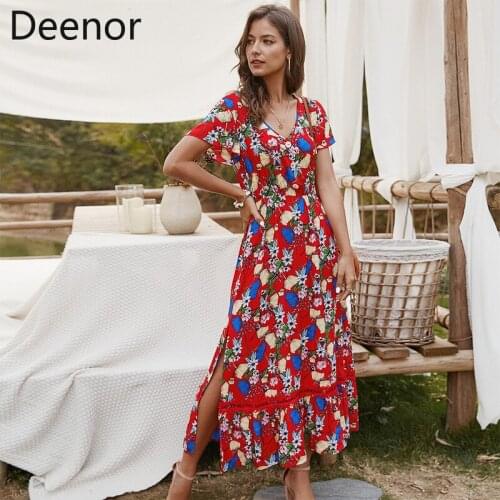 Deenor Floral Print Elegant Dress V-Neck Slim Boho Beach Split Fork Dresses Evening Party Female Dress Summer Outfits for Women
