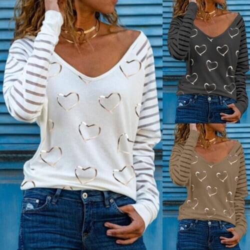 40# Elegant Womens T-shirts 2021 Plus Size Heart Print V-neck Tee Tops Long-sleeve Mesh Striped Casual T-shirts Рубашка Женская