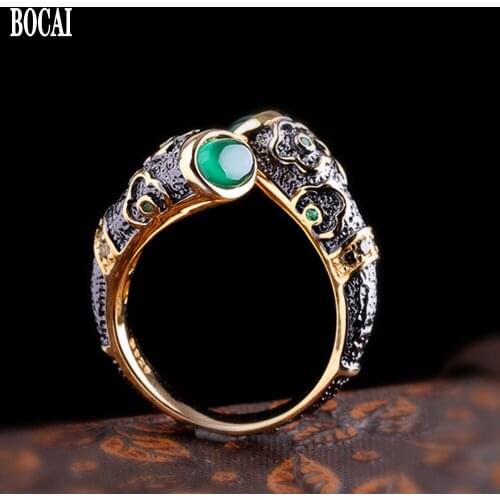 BOCAI New Real S925 Pure silver jewelry green agate ring for Woman burnt blue epoxy woman ring