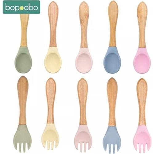 Bopoobo 2PCS Baby Bamboo Fork Silicone Wooden Baby Feeding Spoon Toddlers Infant Feeding Accessories Organic BPA Free Food Grade