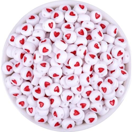 100PCs Mix Beads With Letters Acrylic Red Heart Spacer Beads Letter/ Alphabet Charm Beads Jewelry Findings DIY 7mm