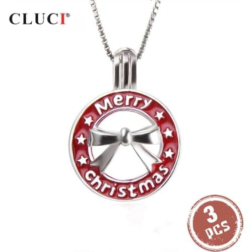 CLUCI 3pcs 925 Sterling Silver Christmas Cage Pendant with Beautiful Bowknot Round Charms Pendant Pearl Locket SC328SB
