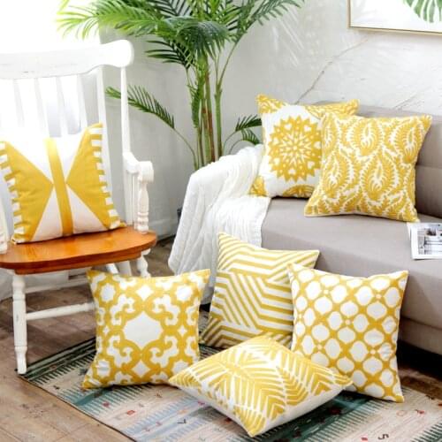 Home Decor Embroidered Cushion Cover Yellow Ginger/White Geometric Floral Canvas Cotton Square Embroidery Pillow Cover 45x45cm