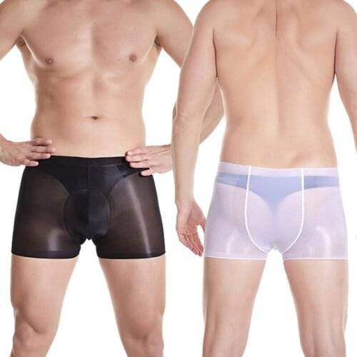 Oil Gloosy Shiny U Convex Pouch Boxers Ultra Thin Transparent Men Underwear Sexy Fetish Gay Seamless Nylon Lingerie Underwear
