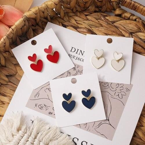 Vsnow Exquisite Gold Color Metal White Navy Blue Red Heart Dangle Earrings for Women Double Layer Love Heart Earrings Jewelry