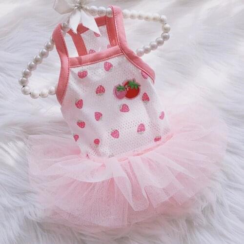 Strawberry Lace Dress Dogs Clothing Pet Bubble Skirt Dog Clothes Suspender Outfits Cute Breathable Summer Pink Girl Breathable