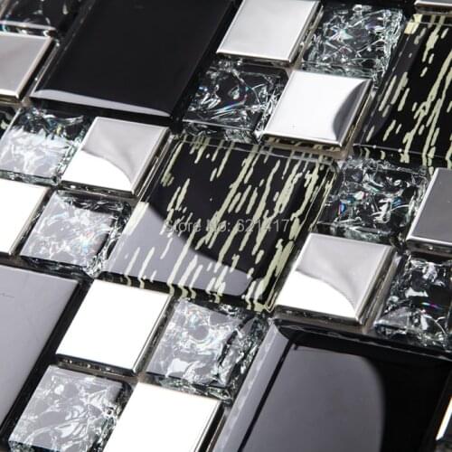 Square black color stainless glass mosaic mixed stainless steel kitchen backsplash bathroom shower tiles swimming pool mosaic