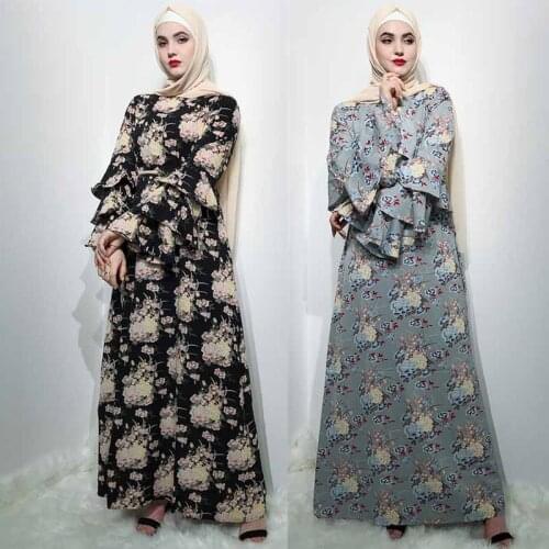 Summer Muslim Dresses New 3-layer Trumpet Sleeve Print Plus Size Long Abaya Muslim Fashion Turkish Middle East Dress
