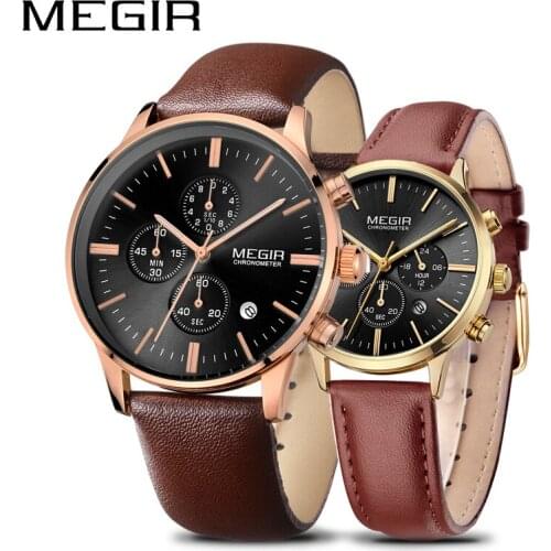 MEGIR Top Brand Quartz Watch Men Causal Leather Chronograph Watches Lovers Time Set Wristwatches Relojes Para Hombre Erkek Saat