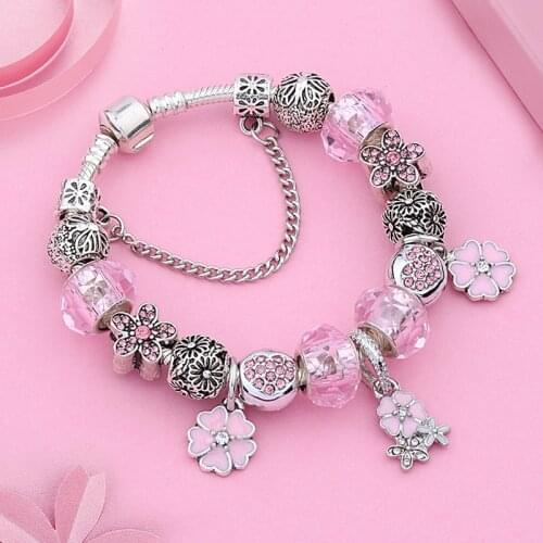 2019 New Pink Enamel Charms Bracelet Bangle Diy Heart Butterfly Bead Silver Color Bracelet Jewelry for Women Best Gift