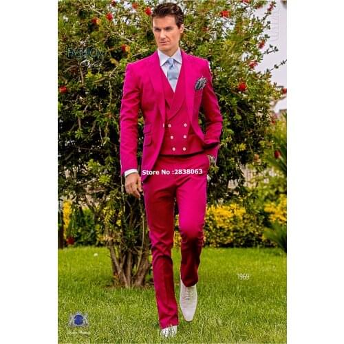 Band New Groomsmen Peak Lapel Groom Tuxedos Hot Pink Men Suits Wedding Best Man Blazer ( Jacket+Pants+Tie+Vest ) C100