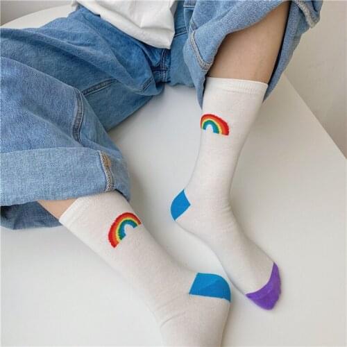 Autumn Rainbow Plaid Jacquard Youth Bright Maiden Strange Fashion Cotton Cute Woman Street Casual Funny Loose High Tube Socks