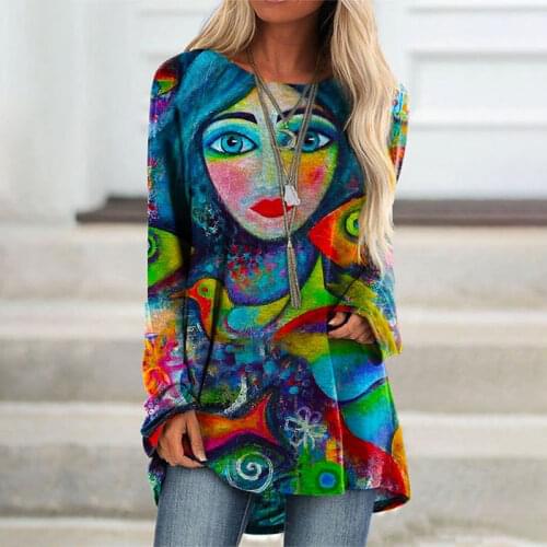 Autumn Womens Casual Tops Abstract Face Print T-shirt Halloween O Neck Full Sleeves Loose Long T-shirt