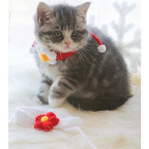 Hand Made Colorful Bow-Knot Cat Collar with Bell Knitting Kitten Accessories Christmas Dress Necklace for Dog Petty