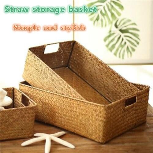 Hand-Woven Storage Basket Grass Woven Rectangular Rattan Wicker Container Clothing Sundries Organizer Cosmetic Storage Box
