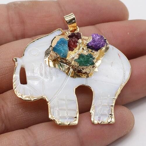 New Fashion Natural Shell Pendant Lucky Animal Elephant Shells Druzy Crystal Charms for Jewelry Making DIY Necklace Gift 40x45mm
