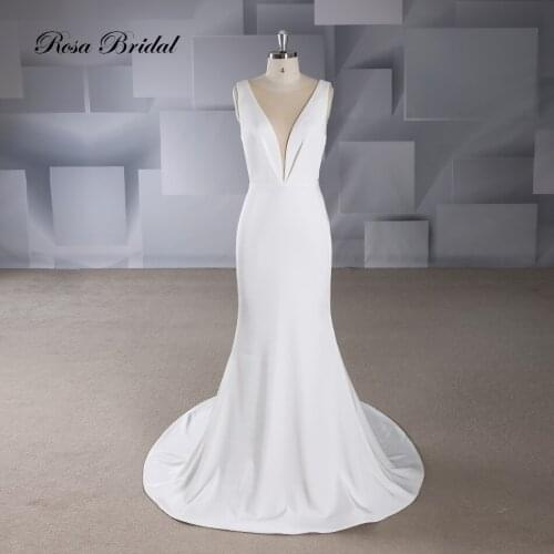 Rosabridal Mermaid Wedding Dress 2019 new brief and fashion design Satin deep O Neck sleeveless Open Back Trumpet Bridal Gown