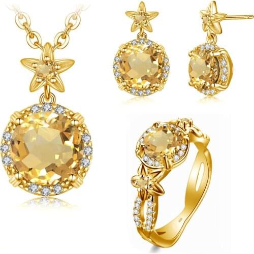 Szjinao 14K Gold Jewelry Set Undefined Real 925 Sterling Silver Flower Pendant Earrings Ring Set Wedding Citrine Fine Jewelry