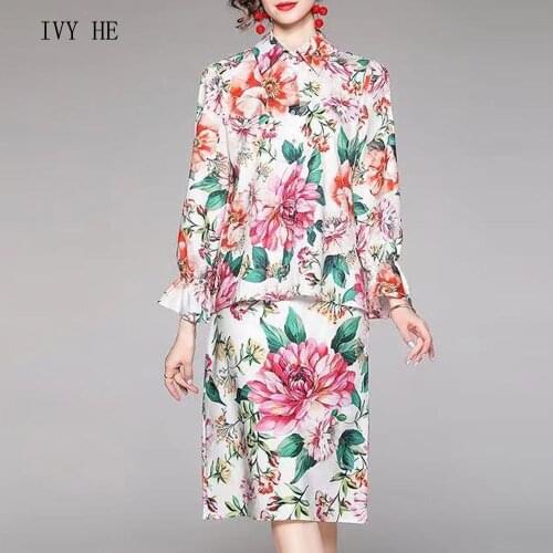 IVY HE High Quality Early Autumn Womens Dress Suit Fashion Printed Blouse And Split Skirt Womens Short Skirt Set 2 Piece Set