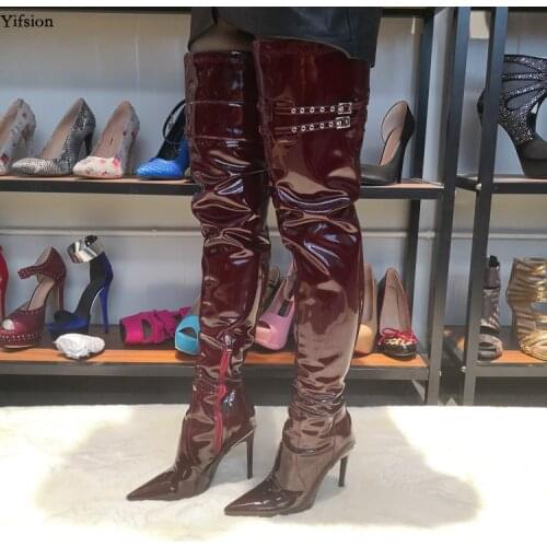 Olomm New Arrival Women Over The Knee Boots Thin High Heels Boots Pointed Toe Gorgeous Wine Red Shoes Women Plus US Size 5-15