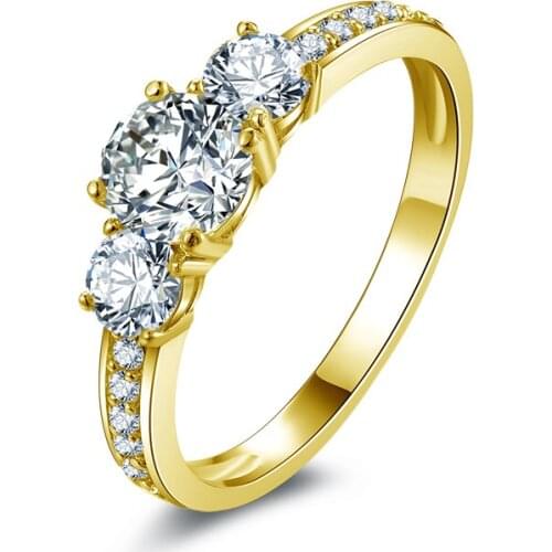 QYI Round Cut Sona Simulated Diamond 14K Solid Yellow Gold Rings For Women Wedding Engagement Three Stone Rings