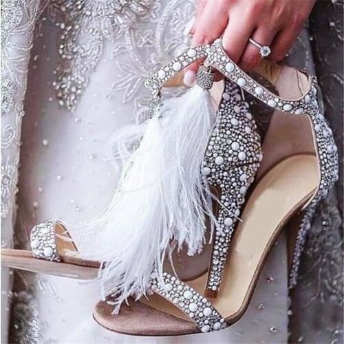 MHYONS Sexy Women Sandals Pumps Summer Rhinestone Fringe Zip Feather High Heel Apricot Women Wedding Pumps Shoes Size 35-40