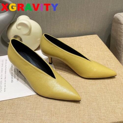 Xgravity 2020 Autumn New Designer Vintage Evening Shoes Ladies Fashion Pointed Toe V Cut Woman Shoes High Heel Pumps Sexy C323