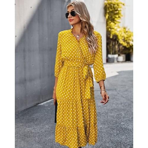 2021 Spring and Summer New Fashion Casual Womens Printed Polka Dot Tie Ruffled V-neck High Waist Slim Dress