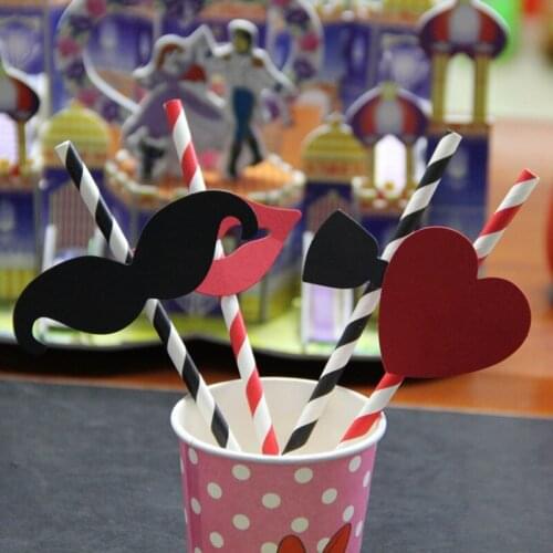 10Pcs Black And Red Striped Beard Lips Sticker Paper Straws For Wedding Party Festive Supplies Decoration Paper Drinking Straws