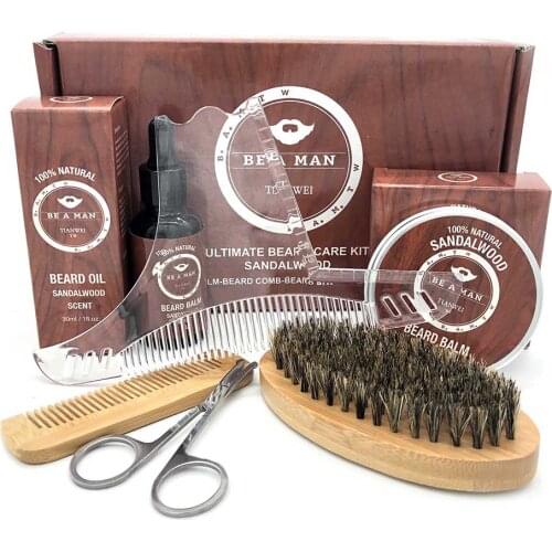 6pcs Beard Grooming Care Kit Men Mustache Beard Oil Balm Wood Comb Brush Facial Nose Ear Hair Trimming Scissors & Beard Guide