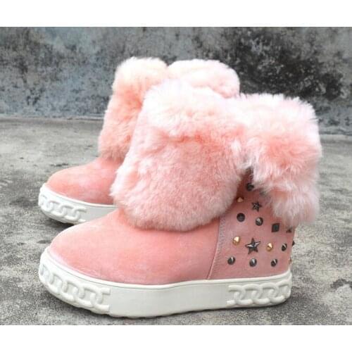 Dipsloot Girls Black Pink 80 mm Hidden Wedge Ankle Boots Round Toe Height Increasing Rives Fur Snow Boots Woman Shoes