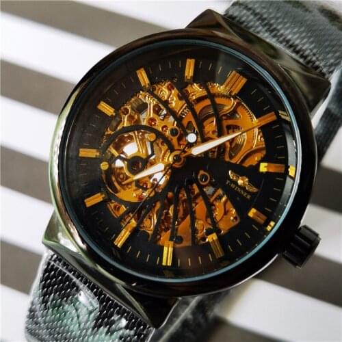 WINNER 2020 Top Brand Luxury Ultra Thin Automatic Mechanical Watches Gold Bird Pattern Design Mesh Strap Skeleton Watch For Men