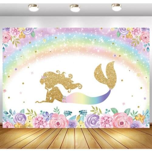 Glitter Gold Mermaid Princess Photo Backgrounds Rainbow Flowers Light Bokeh Newborn Baby 1st Birthday Backdrops For Cake Table