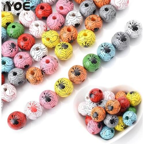IYOE 10pcs/Lot 15mm Round Wood Spider Print Beads Loose Spacer Halloween Beads For DIY Decoration Party Making Bracelet Necklace