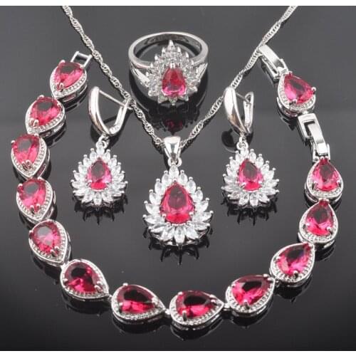Water Drop Rose Red CZ Silver Color Jewelry Sets Wedding Jewelry Bracelet Necklace Earrings Ring Party Gift QS0395