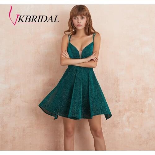 VKBRIDAL Sexy Deep V-Neck Short Prom Dresses 2019 New Arrivals Glitter Fabric Homecoming Dress Party Gowns