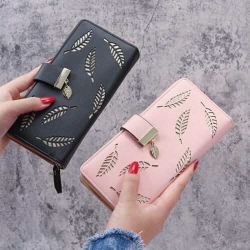 Women Wallet PU Leather Purse Female Long Wallet Gold Hollow Leaves Pouch Handbag for Women Coin Purse Card Holders Clutch