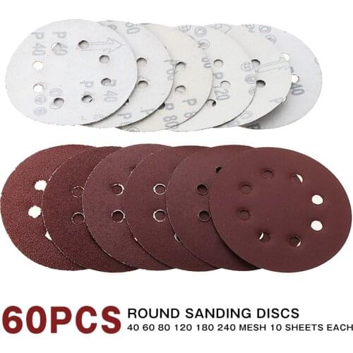 60pcs Sandpaper 125mm Round Orbital Sanding Paper Sand Discs 40 60 80 120 180 240 Grit Sanding Discs 8 Hole Sander Polishing Pad