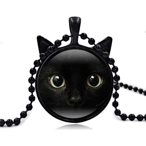 Fashion Jewelry Black Cat Face Time Precious Stone Necklace Pendant Big Black Eyes Cat Ear Charm Chain For Best Friend Gift