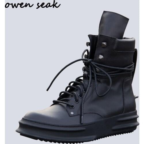 Owen Seak Men Shoes High Ankle Luxury Trainers Genuine Leather Riding Winter Snow Boots Casual Brand Lace Up Zip Flats Shoes