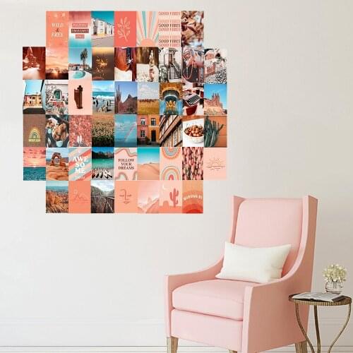 50Pcs Small Fresh Style Colorful Series Pictures for Wall Collage Set Pastel Orange and Powder Blue Picture Arts Room Decoration