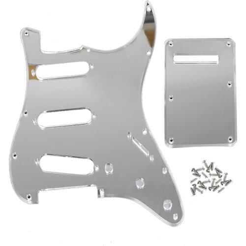 FLEOR Silver Mirror Electric Guitar Pickguard SSS 11 Holes & Back Plate & Screws for Mexico/USA Modern ST Guitar Accessories