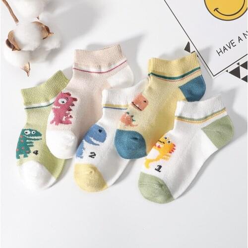 Toddler Kids Socks Spring Autumn Cute Cartoon Dinosaur Breathable 5Pairs/set Short Socks for Girls Boys